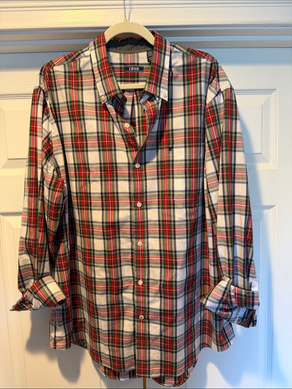 Izod Men’s Red, White & Green Plaid Button-Down Shirt